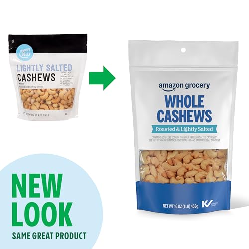 Image of Amazon Grocery, Whole Cashews, Roasted & Lightly Salted, 16 Oz (Previously Happy Belly, Packaging May Vary)