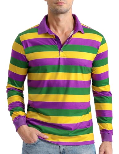 Men's Mardi Gras Striped Polo Shirt Purple Gold Green Rugby Long Sleeve Golf Top, Thin Stripes, XX-Large