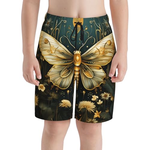 Boys Beach Board Shorts Swim Trunks Quick Dry Swimwear Kids Youth, Gold Hawk Moth Fireflies Art3