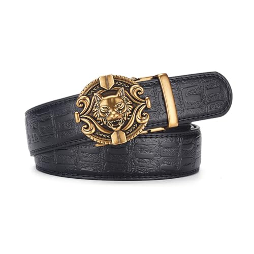 Men's Women's Crocodile Pattern Embossed Belts Fox Wolf Head Automatic Engraved Round Buckle Sliding Waist Strap