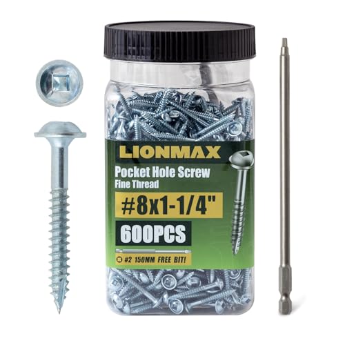 LIONMAX Pocket Hole Screws Fine Thread #8 x 1-1/4 Inch, 600PCS Pocket Wood Screws Washer Head, Square Drive, for Hardwood Pocket Hole, Zinc Plated, 150MM Drive Bit Included