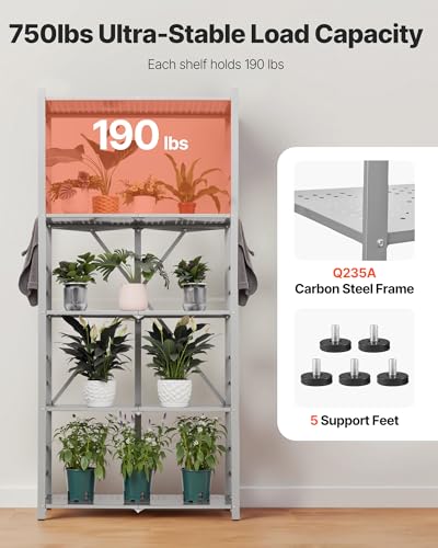 Image of VEVOR 5-Tier Foldable Storage Shelf, 32W x 14D x 72H Inch Folding Metal Rack Shelving Unit, Heavy Duty No Assembly Organizer Shelf with 5 Wheels & 4 Hooks for Pantry, Kitchen, Garage, Basement, Grey