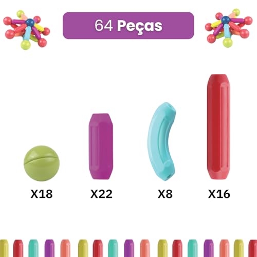 Blocos Magnéticos de Montar Infantil Brinquedo Educativo Bolas e Bastões 64 Peças