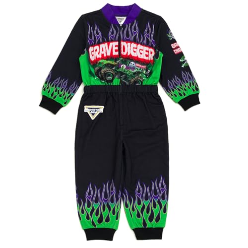 Monster Jam Grave Digger Toddler Boys French Terry Racing Zip Up Coverall Black/Purple 4T