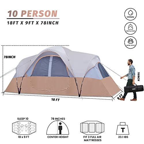 Image of UNP Camping Tent 10-Person-Family Tents, Parties, Music Festival Tent, Big, Easy Up, 5 Large Mesh Windows, Double Layer, 2 Room, Waterproof, Weather Resistant, 18ft x 9ft x78in