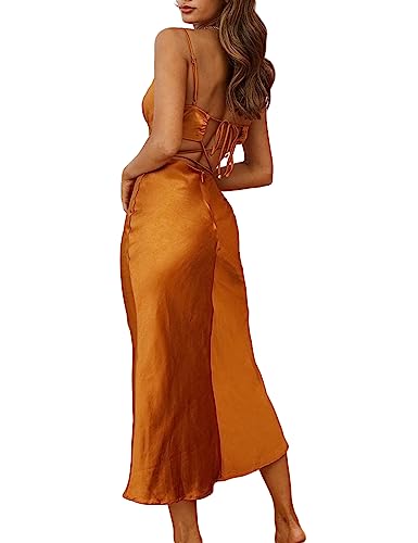 Image of Satin Slip Backless Midi Dress for Wedding Guest Silk V Neck Cut Out Tie Back Long Dresses for Women 2023 Bronze