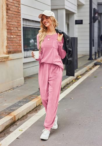 Ekouaer Womens Pajamas Sets Long Sleeve Soft Sleepwear 2 Piece Velvet Pjs Lounge Sets with Pockets