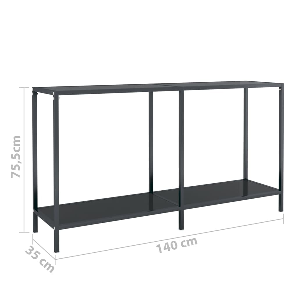Stolik konsolowy, czarny, 140 x 35 x 75,5 cm, szkło hartowane ze stalową ramą, stół do przedpokoju z półką, nowoczesny design do salonu, przedpokoju