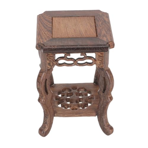Cabilock Wood Plant Stand Square Pot Base Flower Display Pedestal with Rosewood Mini Jade Stone Carving for Indoor Garden Home Décor 9x13cm