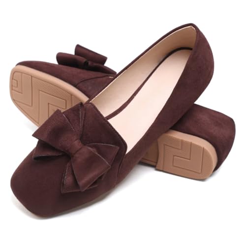 Image of WENJIAZHIZHI Square Toe Bow Ballet Slip-On | Classic Suede Finish,Chic Bow Detail,Effortless Everyday Style,Wedding Party Office,Plus Size Available