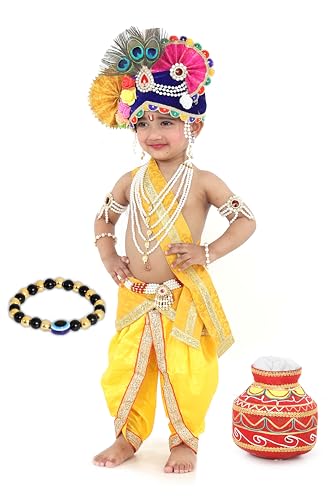 Image of Krishna Dress for Kids, Baby Krishna Dress for Janmashtami with Krishna Mukut, Peacock Feather & Flute Embroidered Krishna Costume for Girl & Boy, 3 Months-8 Years