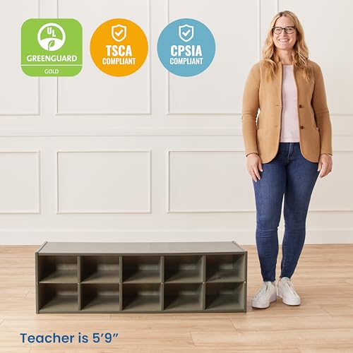 Image of ECR4Kids Streamline 10 Cubby Tray Storage Cabinet, 2x5, Classroom Furniture, Grey Wash