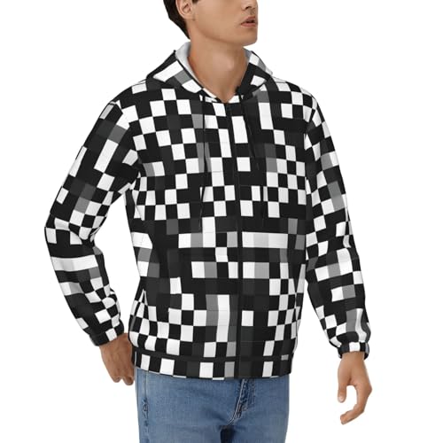 Sweat à capuche pour homme avec fermeture éclair et motif à carreaux noir et blanc