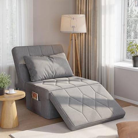 Mdeam 4 in 1 Multi-Functional Sofa Bed, Large Single Convertible Ottoman Sleeper Chair Bed, Breathable Linen Sofa with Adjustable Backrest, Pillows and Side Pockets for Small Space (Light Gray) Cover