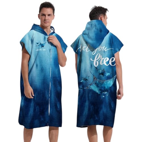 Surf Poncho Changing Towel Swim Robe with Zipper, Absorbent Quick Dry Microfiber Short Sleeves Poncho Hoodie for Surfing Swimming Bathing Sports Men Women (Manta Rays)