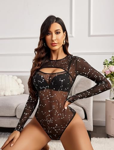 Image of GirlFriend Mesh Bodysuit for Women Long Sleeve Body Suit Sexy Tops Cut Out Leotard See Through Shirts Sheer Rave Outfits