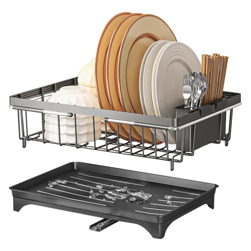 Xistuoz Escurridor de platos expandible, escurridor de platos para fregadero, organizador de escurridor de cuencos de gran capacidad con tabla de drenaje, soporte de secado de platos para tenedor de