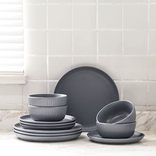 Image of Stone Lain Logan 12 Pieces Stoneware Dinnerware Set, Grey