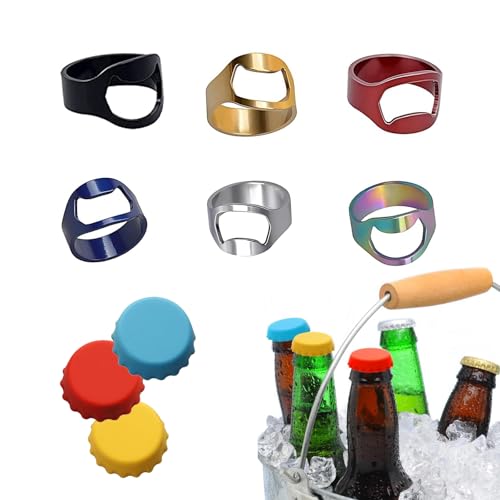 Apribottiglie Anello, 6 Pezzi Anelli Apribottiglie da Birra Anello 22mm Cavatappi in Metallo Inossidabile Colorato Anello da Dito Freddo Apribottiglie Creativo per Uomo Donna Articoli per Feste