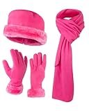 3 Pieces Set Matching Hat, Gloves and Scarf for Woman. Solid Colors - Hot Pink