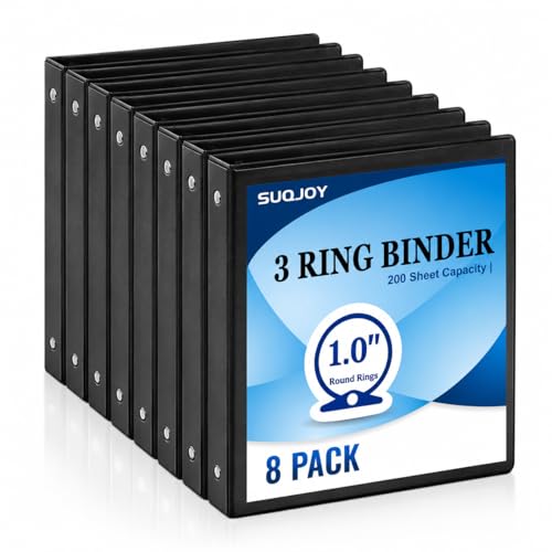 SUQJOY 1-inch 3-Ring Binder, 1" Round Ring Binder with 2 Inside Pockets, 8 Pack Black Binders, Clear View Cover, Holds 8.5'' x 11''Paper for Office/Home/Back to School