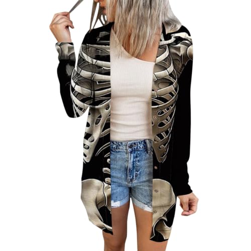 Image of Women's Lightweight Long Cardigan with Elegant V-Neck Knitted Coat Halloween Horror Print Sweater Lightweight Long Casual Elegant Lightweight Cardigan Knitted Cardigans Transitional Period, White