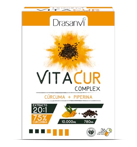 DRASANVI VITACUR CURCUMA CON PIMIENTA NEGRA |Salud articular y procesos antiinflamatorios |Curcuma en capsulas | Curcumina y Piperina al 95%| Sin Gluten| 36 capsulas = 36 días