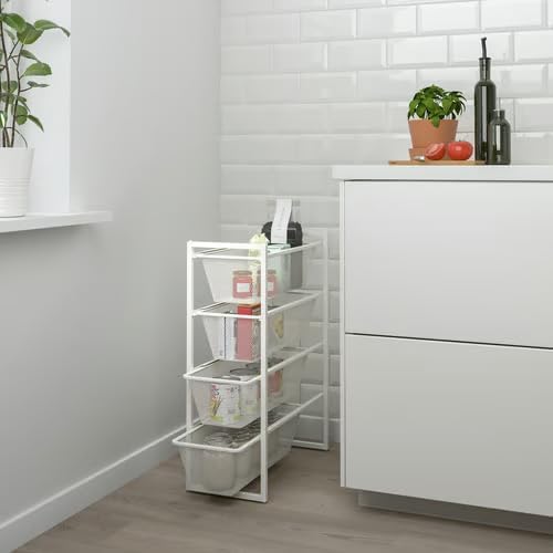 Slim White Storage Tower with 4 Mesh Basket Drawers, Space-Saving Metal Organizer for Bathroom, Bedroom, Office, or Entryway, 20.1 x 9.88 x 27.5 Inches