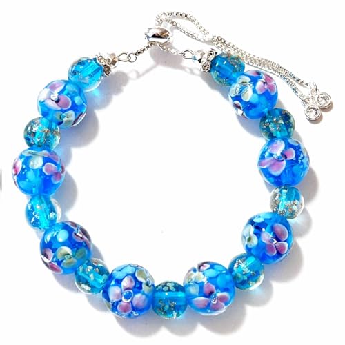 ARTSY Crafts Lily Garden Glow in the Dark Firefly Bead Bracelets Necklaces Handmade in USA Murano Glass Jewelry Flower Luminous Beads Mermaid Crystal Bracelet Bangle (Blue - Slider Bracelet)