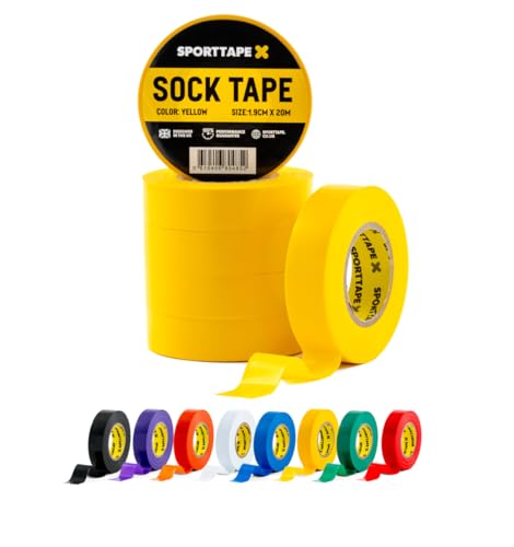 SPORTTAPE 6 Rolls Sock Tape - Yellow - 1.9cm x 20m | PVC Insulating Tape for Football, Soccer & Rugby - Holds up Football Socks, Shin Pads & Shin Guards | Secures Lifting Blocks, Boots & Ears
