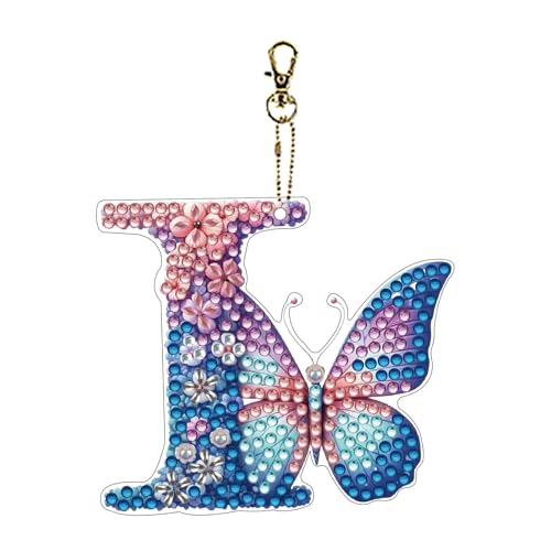 ダイヤモンドアートペインティング バタフライレターキーホルダーキット、DIY吊り下げペンダント 吊り下げバッグキー(両面ドリル加工)-I