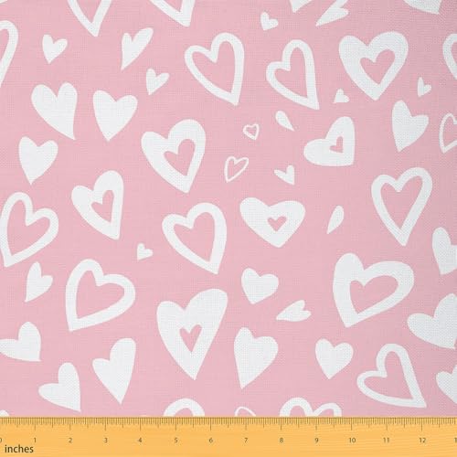 Heart-Shaped Geometric Fabric by The Yard,Soft Flannel Polyester Hand Drawn White Heart Graffiti Fabric for Chairs DIY Gifts Home Decor Girly Pink Background Fabric,2 Yard Bolts,No Stretch