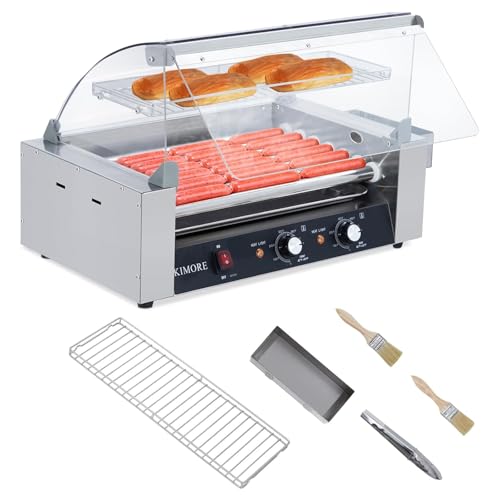Hot Dog Roller, 18 Hot Dogs 7 Rollers Grill Cooker Machine with Removable Stainless Steel Drip Tray Stainless Steel with Cover, Dual Temp Control, Led Light, Perfect for Commercial and Party