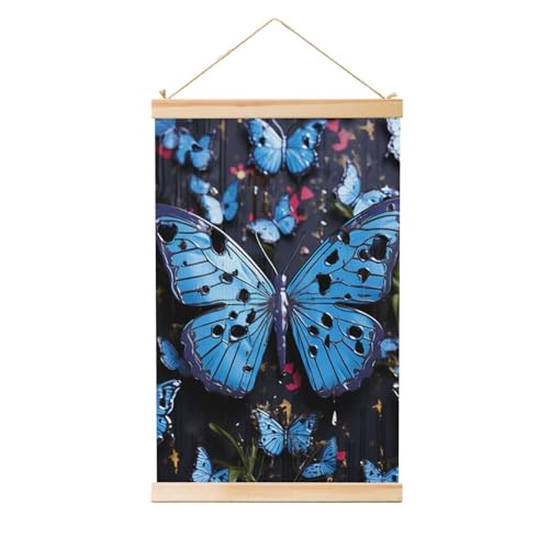 Poster papillon bleu bois suspendu pour déco salon style rétro