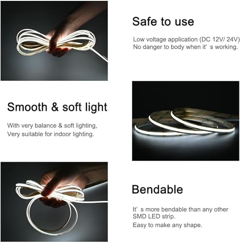 Image of COB LED Strip Lights DC 24V LED Lights Flexible Super Bright LED Strips,16.4ft 6500K White,CRI 90+,2400LEDs High Density Uniform Light for Bedroom Home Decor (No Adapter or Controller)