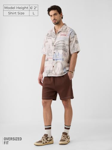 Image of The Souled Store Hawaiian Shirt: Monuments Men and Boys Short Sleeves Collared Neck Button Front Grey All Over Printed Polyester Blend Oversized Fit Holiday Shirts