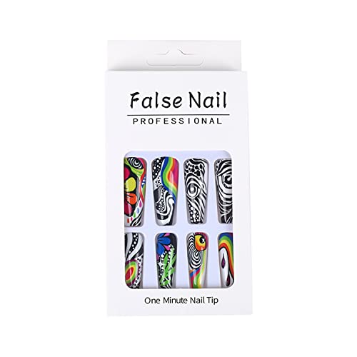 Extra Long Press On Nails Coffin Fake Nails Petal Green Leaves Colored Lines And Eyes Pattern Designs Spring False Nails Multicolour Acrylic Stick On Nails For Women Artificial Nails 24 Pcs #TOP4