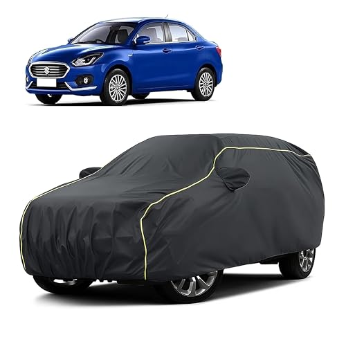 Image of Sulfar 100% Water Resistant Car Body Cover Compatible with Mirror for Maruti Suzuki Swift Dzire (Triple Stitched, Full Bottom Elastic, Dark Grey Taffeta with Yellow Piping)