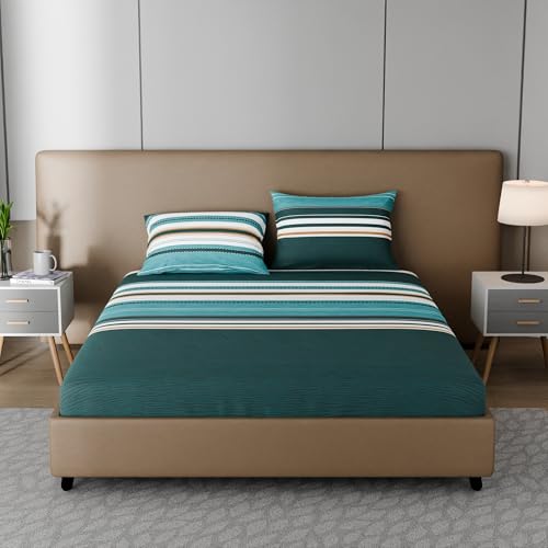 Image of BLISSHOME SoftTouch 150TC Cotton King Size Fitted Bedsheet with 2 Pillow Covers, Silky Smooth Bedding Set, Breathable, Easy Maintain, Geometric Pattern - Green (183cm x 198cm + 25cm Drop)