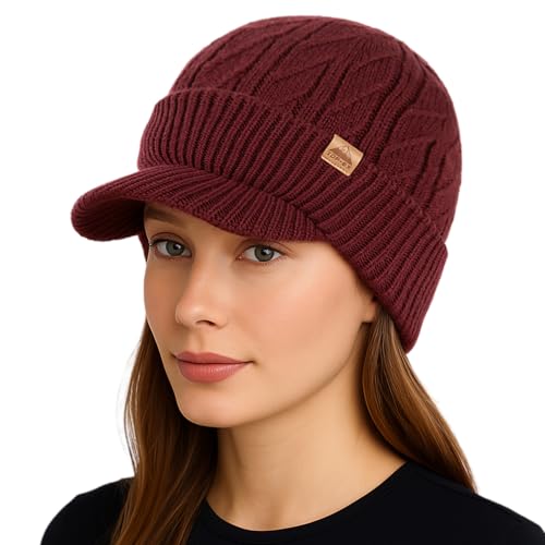 DryKnit™ Red Waterproof 80% Merino Wool Blend Visor Beanie Hat with Brim Fleece Lined Knit Winter Cap for Men Women Large Head Warm Snowboarding Cold Days