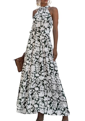 EFOFEI Lady Halter Neck Maxi Dress Sleeveless Summer Long Dress Sexy Casual Date Dress Boho Floral Flowy Dress Flower Green XL