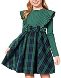 NIUSC Girls Long Sleeve Dresses Casual Fall Winter A line Preppy Swing Dress for Kid Cute Patchwork Check Christmas Holiday Dressy,Green Plaid,4-5T
