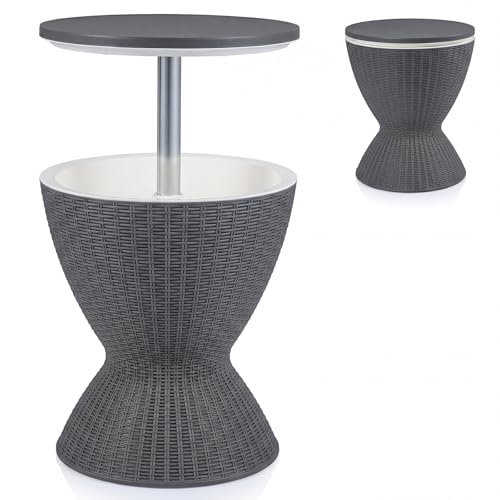 FANTASK Cool Bar Table 3 en 1 avec Seau à Glace de 30 l, Seau à bière d'extérieur et Refroidisseur à vin Aspect rotin, Table d'appoint réglable en...