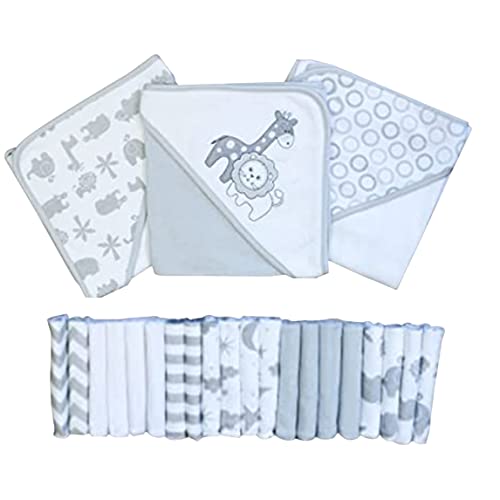 Image of Spasilk Bath Hooded Towels & Baby Washcloths Set, Baby Bath Essentials for Everyday Use, 23-Piece Gift Set, Gray Lion