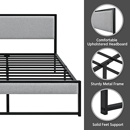 Yaheetech Metal Platform Bed Frame With Linen Upholstered Headboard And Footboard Mattress Foundation With Strong Steel Slats No Box Spring Needed Easy Assembly Gray Queen Size #TOP7