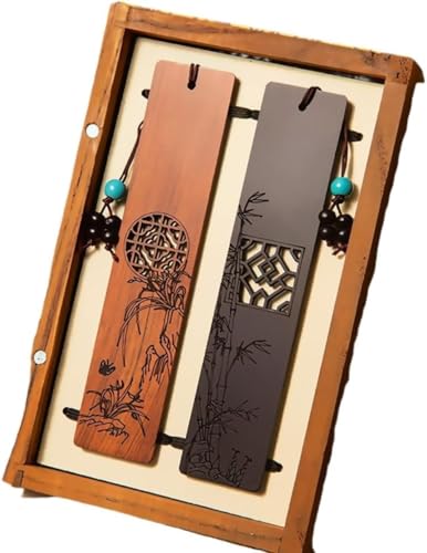 YAKINOしおり ブックマーク 手つくり 木製 ブックマーカー 読書用 栞 天然木 ,塗装工芸品 教師 子供 学生 読書の人 本を愛する人へ プレゼント 飾り (斉君・酸枝木と蘭/黒檀と竹【錦木製ケース】)