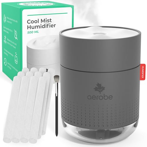 Aerobe Humidifier for Bedroom with Night Light, 500ML Cool Mist Humidifiers for Home and Plants, Humidifiers for Baby with 12~16 Working Hours, Waterless Auto-Off Mini Humidifier