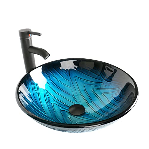 Artistic Vessel Sink Bathroom Tempered Glass Vanity Round Bowl With Oil Rubber Bronze Faucet And Pop Up Drain Combo,Blue Textured #TOP21