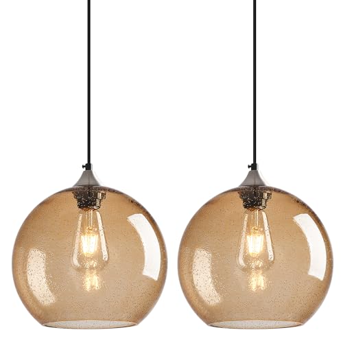 Image of Light Brown Glass Pendant Lights Kitchen Island Globe Pendant Light Fixtures Modern Pendant Lighting for Bedroom Living Dining Room Light Fixture (9.84 in, 2 Pack)