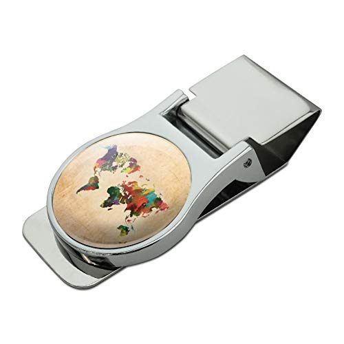 Colorful Rainbow Map of the World Earth Globe Satin Chrome Plated Metal Money Clip